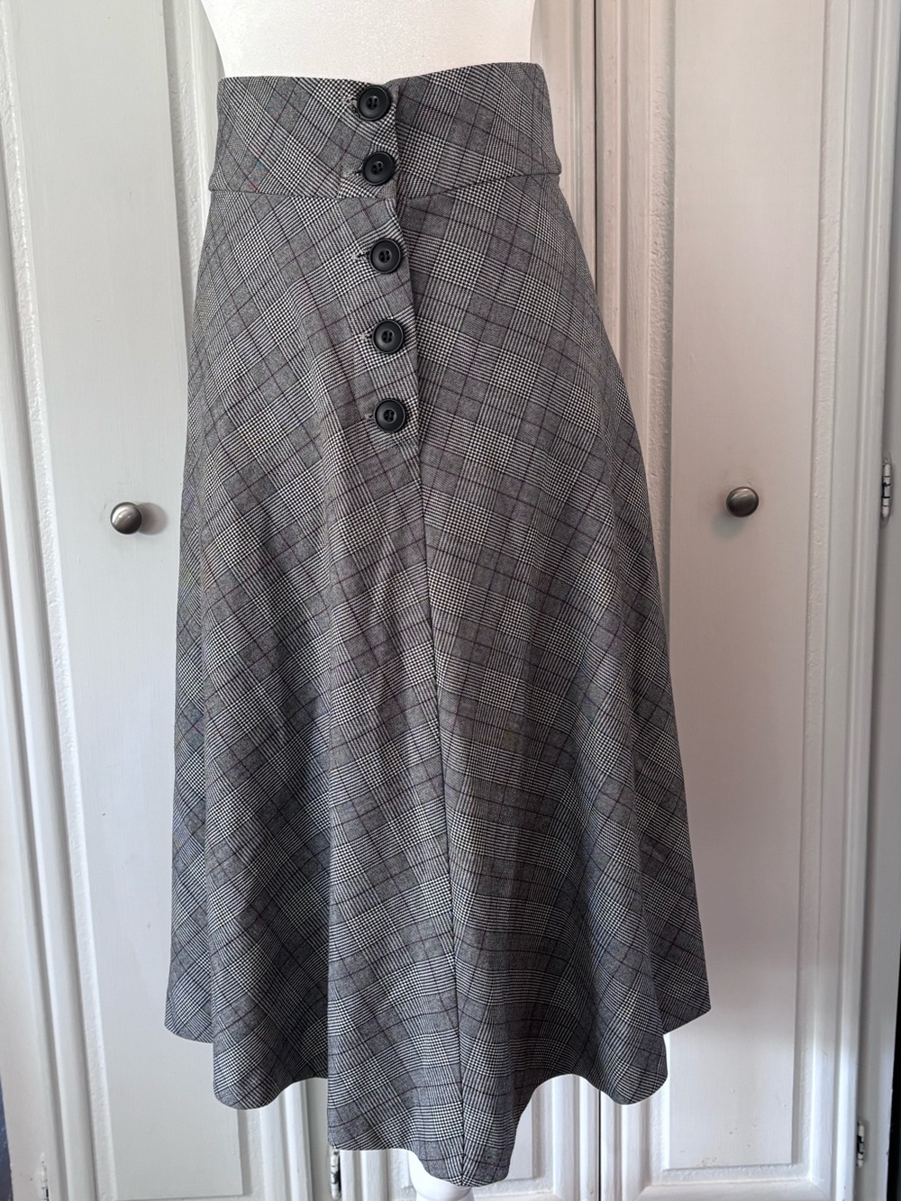Zara Trafaluc Grey Plaid A-Line Skirt with Front Buttons sz S